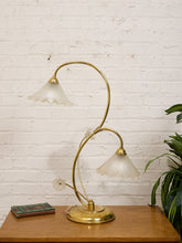 Load image into Gallery viewer, Lily Pair Brass Double Arm Table Lamp with Frosted Glass Shades
