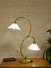 Load image into Gallery viewer, Lily Pair Brass Double Arm Table Lamp with Frosted Glass Shades
