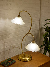 Load image into Gallery viewer, Lily Pair Brass Double Arm Table Lamp with Frosted Glass Shades
