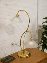 Load image into Gallery viewer, Lily Pair Brass Double Arm Table Lamp with Frosted Glass Shades
