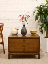 Load image into Gallery viewer, Vintage Walnut Three-Drawer Nightstand with Brass Campaign Hardware
