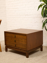 Load image into Gallery viewer, Vintage Walnut Three-Drawer Nightstand with Brass Campaign Hardware
