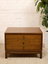 Load image into Gallery viewer, Vintage Walnut Three-Drawer Nightstand with Brass Campaign Hardware
