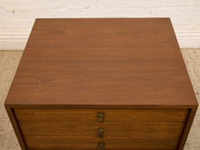 Load image into Gallery viewer, Vintage Walnut Three-Drawer Nightstand with Brass Campaign Hardware
