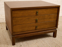 Load image into Gallery viewer, Vintage Walnut Three-Drawer Nightstand with Brass Campaign Hardware
