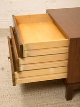 Load image into Gallery viewer, Vintage Walnut Three-Drawer Nightstand with Brass Campaign Hardware
