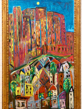 Load image into Gallery viewer, City Above the Village by Spencer Collins Framed Expressionist Urban Landscape Painting
