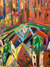 Load image into Gallery viewer, City Above the Village by Spencer Collins Framed Expressionist Urban Landscape Painting
