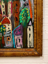 Load image into Gallery viewer, City Above the Village by Spencer Collins Framed Expressionist Urban Landscape Painting
