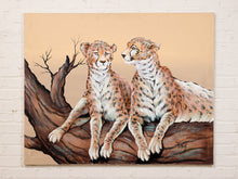 Load image into Gallery viewer, Resting Cheetahs Large Wildlife Painting with Two Cheetahs on a Fallen Tree
