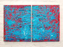 Load image into Gallery viewer, Electric Web Diptych Textured Abstract Paintings in Turquoise and Coral

