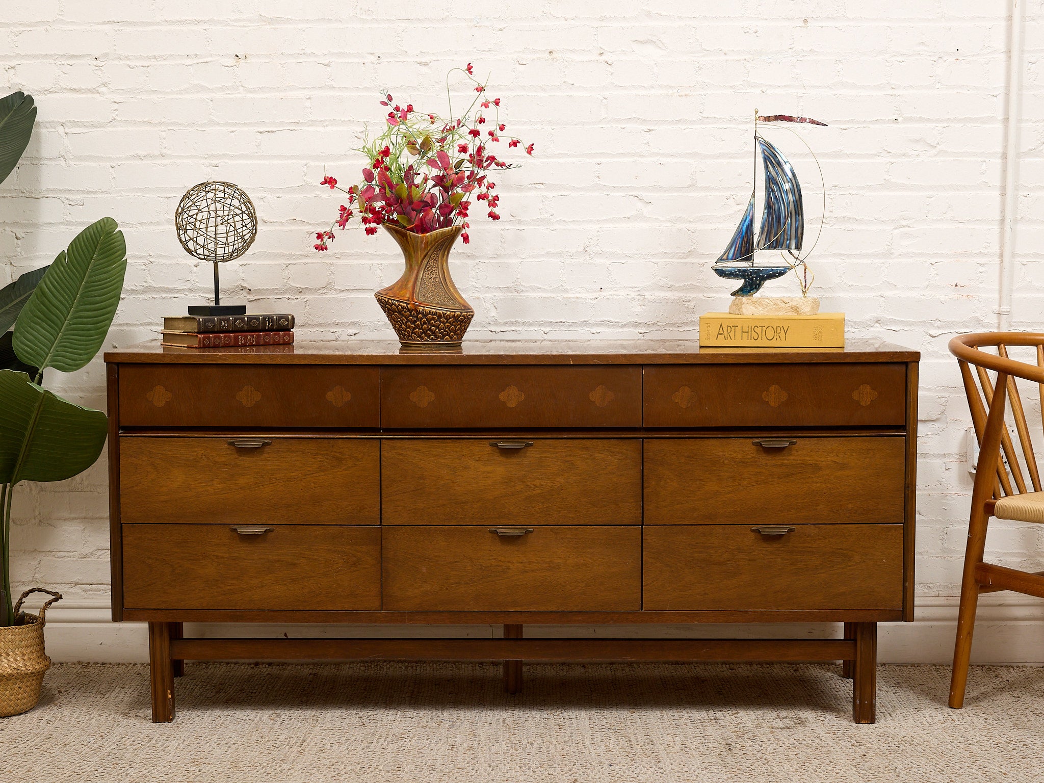 Vintage Mid-Century Modern Walnut Nine-Drawer Dresser with Inlay – Sunbeam Vintage