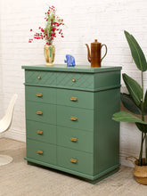 Load image into Gallery viewer, Olive Green Mid-Century Highboy Dresser with Diamond Detail and Sculptural Pulls By Kent Coffey
