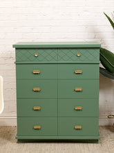 Load image into Gallery viewer, Olive Green Mid-Century Highboy Dresser with Diamond Detail and Sculptural Pulls By Kent Coffey

