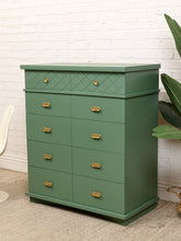 Load image into Gallery viewer, Olive Green Mid-Century Highboy Dresser with Diamond Detail and Sculptural Pulls By Kent Coffey
