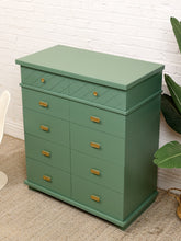 Load image into Gallery viewer, Olive Green Mid-Century Highboy Dresser with Diamond Detail and Sculptural Pulls By Kent Coffey
