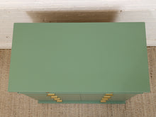 Load image into Gallery viewer, Olive Green Mid-Century Highboy Dresser with Diamond Detail and Sculptural Pulls By Kent Coffey
