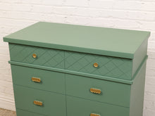 Load image into Gallery viewer, Olive Green Mid-Century Highboy Dresser with Diamond Detail and Sculptural Pulls By Kent Coffey

