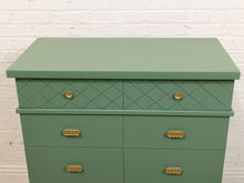 Load image into Gallery viewer, Olive Green Mid-Century Highboy Dresser with Diamond Detail and Sculptural Pulls By Kent Coffey
