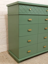 Load image into Gallery viewer, Olive Green Mid-Century Highboy Dresser with Diamond Detail and Sculptural Pulls By Kent Coffey
