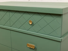Load image into Gallery viewer, Olive Green Mid-Century Highboy Dresser with Diamond Detail and Sculptural Pulls By Kent Coffey
