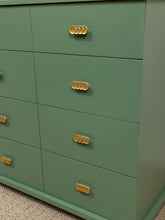 Load image into Gallery viewer, Olive Green Mid-Century Highboy Dresser with Diamond Detail and Sculptural Pulls By Kent Coffey
