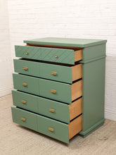 Load image into Gallery viewer, Olive Green Mid-Century Highboy Dresser with Diamond Detail and Sculptural Pulls By Kent Coffey
