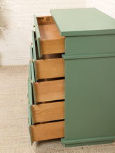 Load image into Gallery viewer, Olive Green Mid-Century Highboy Dresser with Diamond Detail and Sculptural Pulls By Kent Coffey

