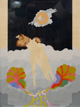 Load image into Gallery viewer, Celestial Embrace Surreal Romantic Artwork with Moon and Floating Figures
