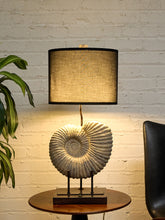 Load image into Gallery viewer, Ammonite Fossil Table Lamp with Black Drum Shade
