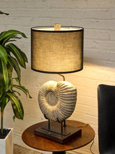 Load image into Gallery viewer, Ammonite Fossil Table Lamp with Black Drum Shade
