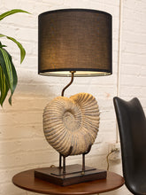 Load image into Gallery viewer, Ammonite Fossil Table Lamp with Black Drum Shade
