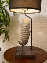 Load image into Gallery viewer, Ammonite Fossil Table Lamp with Black Drum Shade
