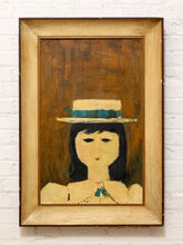 Load image into Gallery viewer, Girl in Straw Hat Framed Portrait Painting with Mid Century Folk Art Charm
