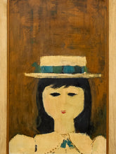 Load image into Gallery viewer, Girl in Straw Hat Framed Portrait Painting with Mid Century Folk Art Charm

