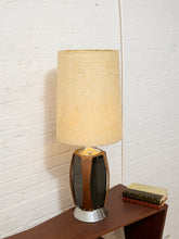 Load image into Gallery viewer, Vintage Mid-Century Table Lamp featuring Sculptural Wood Frame, Smoked Glass Panels, Metal Base and Tall Neutral Fabric Shade
