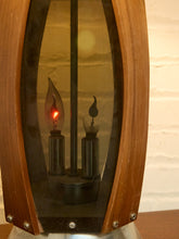 Load image into Gallery viewer, Vintage Mid-Century Table Lamp featuring Sculptural Wood Frame, Smoked Glass Panels, Metal Base and Tall Neutral Fabric Shade
