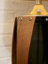 Load image into Gallery viewer, Vintage Mid-Century Table Lamp featuring Sculptural Wood Frame, Smoked Glass Panels, Metal Base and Tall Neutral Fabric Shade
