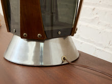 Load image into Gallery viewer, Vintage Mid-Century Table Lamp featuring Sculptural Wood Frame, Smoked Glass Panels, Metal Base and Tall Neutral Fabric Shade
