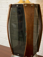 Load image into Gallery viewer, Vintage Mid-Century Table Lamp featuring Sculptural Wood Frame, Smoked Glass Panels, Metal Base and Tall Neutral Fabric Shade
