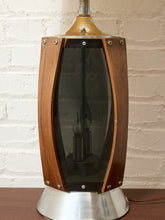 Load image into Gallery viewer, Vintage Mid-Century Table Lamp featuring Sculptural Wood Frame, Smoked Glass Panels, Metal Base and Tall Neutral Fabric Shade
