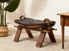 Load image into Gallery viewer, Vintage Leather Saddle Stool with Tufted Seat and Sculptural Wood Frame as found

