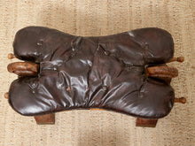Load image into Gallery viewer, Vintage Leather Saddle Stool with Tufted Seat and Sculptural Wood Frame as found
