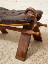 Load image into Gallery viewer, Vintage Leather Saddle Stool with Tufted Seat and Sculptural Wood Frame as found
