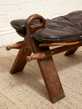 Load image into Gallery viewer, Vintage Leather Saddle Stool with Tufted Seat and Sculptural Wood Frame as found
