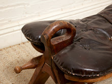 Load image into Gallery viewer, Vintage Leather Saddle Stool with Tufted Seat and Sculptural Wood Frame as found

