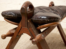 Load image into Gallery viewer, Vintage Leather Saddle Stool with Tufted Seat and Sculptural Wood Frame as found
