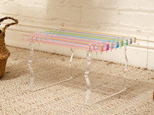 Load image into Gallery viewer, Vintage Postmodern Rainbow Lucite Slat Bench with Sculptural Clear Legs
