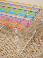 Load image into Gallery viewer, Vintage Postmodern Rainbow Lucite Slat Bench with Sculptural Clear Legs
