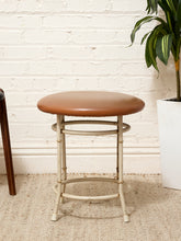 Load image into Gallery viewer, Vintage Bamboo-Style Metal Stool with Cognac Upholstered Seat
